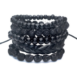 1 Set of 5 pcs Black Out Bamboo wood, Lava Stone Beads in Leather Bracelet for Men