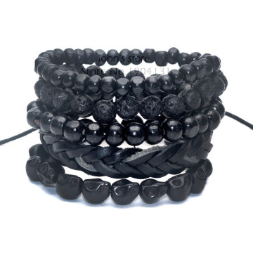 1 Set of 5 pcs Black Out Bamboo wood, Lava Stone Beads in Leather Bracelet for Men