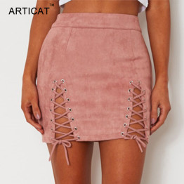 Sexy Lace Up Leather Suede Short Pencil Skirt