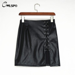 Black Lace Up Leather Skirt with sexy Side Split 