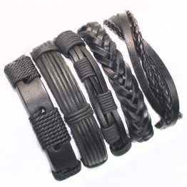 Black wristband genuine braided wrap leather bracelet
