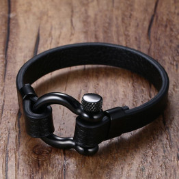 Mens Bracelets Stainless Steel Screw and Black Leather 