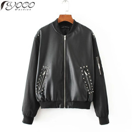 New Arrival Women's Flower Embroidery Rivet Faux Leather Jackets 