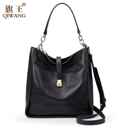 Qiwang Black Soft Genuine Leather Women Hobo Bag Leather Gold Logo Brand Work Handbag Women Bucket Bag Chain Purse Elegant 