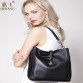 Qiwang Black Soft Genuine Leather Women Hobo Bag Leather Gold Logo Brand Work Handbag Women Bucket Bag Chain Purse Elegant 