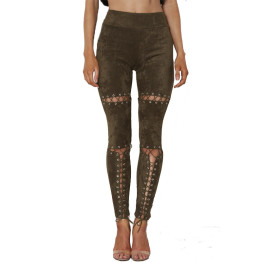  Suede Leather pants High Waist Lace Up Stretch Bodycon Skinny trousers